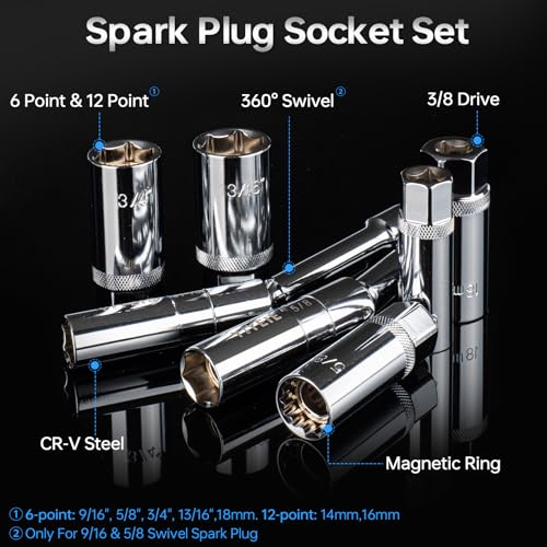 YIYEIE 10PCS Full Magnetic Spark Plug Socket Set with 3/8" Drive Torque Wrench (5-50 FT.LB/6.8-67.8Nm), Swivel Magnetic Spark Plug Removal Kit Includes 14, 16, 18mm& 9/16, 5/8, 3/4, 13/16 Inch Sockets