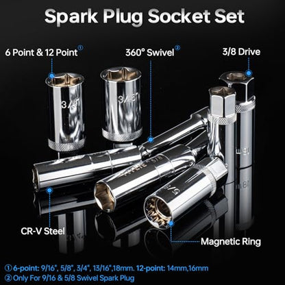 YIYEIE 10PCS Full Magnetic Spark Plug Socket Set with 3/8" Drive Torque Wrench (5-50 FT.LB/6.8-67.8Nm), Swivel Magnetic Spark Plug Removal Kit Includes 14, 16, 18mm& 9/16, 5/8, 3/4, 13/16 Inch Sockets