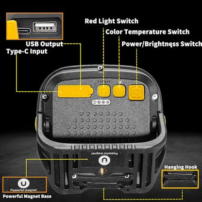 2 Pack Magnetic Work Light Rechargeable 5000 Lumens, 4 Brightness & 4 Color LED Flood Light, 36h Runtime, USB-A Output Port, Ipx4 Waterproof for Car Repair, Construction, Emergency, Garage, Hurricane