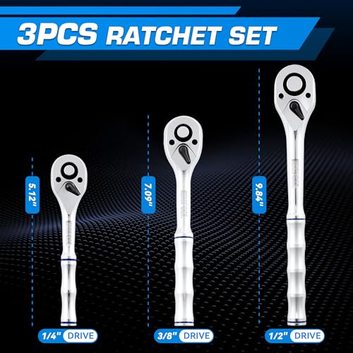 KOOPOOL 3-Piece Ratchet Set, 1/4", 3/8", 1/2" Drive | 72-Tooth, Quick Release, Reversible Socket Wrench, Chrome Alloy