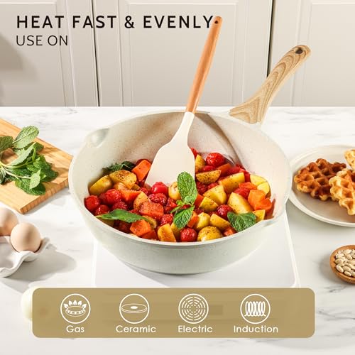 SENSARTE Nonstick Ceramic Saute Pan 12-Inch, 5QT Non-toxic Deep Frying Pan Skillet with Lid, Healthy No Teflon Cookware, Stay Cool Handle, Induction Compatible, PFAS Free - color: Ceramic White, size: 12-inch/5QT