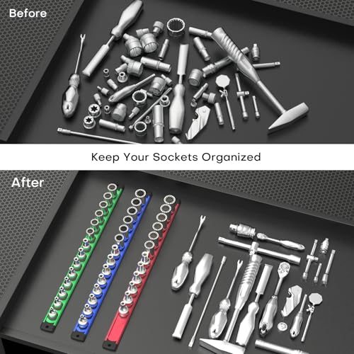 Magnetic Socket Holder Organizer Set, 6-Piece Heavy Duty Aluminum Alloy Socket Holder, 360° Swivel 1/2, 3/8, 1/4-Inch Sockets Trays Organizer Holds 80-Piece Standard Size