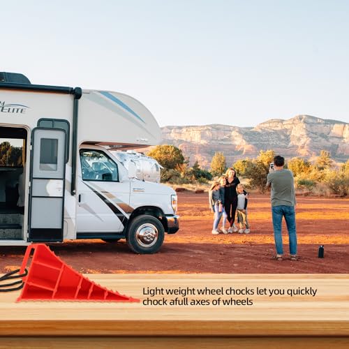 Homeon Wheels RV Camper Large Wheel Chocks Extra Wide with Handle and Rope for Travel Trailers, Cars, Tire Chocks Blocks 2 Packs Hard Plastic Heavy Duty(Red) - color: Red Large Chocks