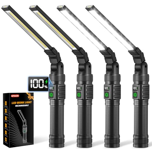 4Pack Magnetic Rechargeable LED Work Light/Flashlight for Mechanics | All Aluminum, 1500 High Lumens, Digital Display, 7 Modes, 360° Rotation, for Car Repairing, Emergency, Gifts for Father - size: 4Pack