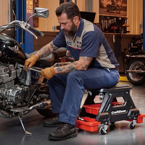 Mechanic Rolling Stool - 300 LBS Heavy Duty Mechanics Roller Seat with Wheels, 360° Swivel Capacity Garage Shop Stool with Locking Casters & Storage Trays, Tools for Automotive Auto Repair
