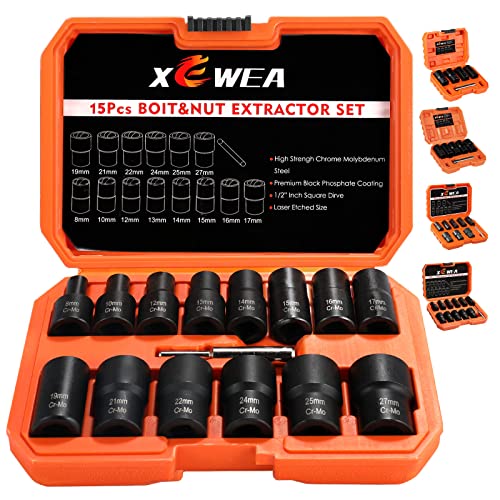 XEWEA 15PCS 1/2" Drive Lug Nut Removal Tools, Striped Wheel Lock Removal Kit Easy Out Twist Socket Extractor Set for Damaged, Frozen, Rusted, Rounded-Off Bolts Nuts & Screws - color: 15pcs 1/2" Drive