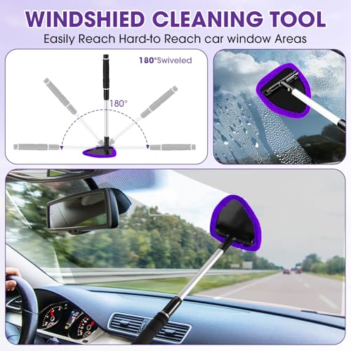 Purple Windshield Cleaner Tool, Car Interior Cleaning Kit with Extendable Handle and 3 Reusable Microfiber Pads, Auto Glass Wiper and Detailing Brush Kit for Car & Home Window - color: Purple