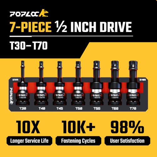 Poplock Impact Driver Set | 7-Piece ½ inch Drive Star Bit Set (T30–T70) | 75mm Long Impact Driver Bit Set with 6-Lobed Allen Tips for Torx Fasteners T30 T40 T45 T50 T55 T60 T70 - size: 7 PCS