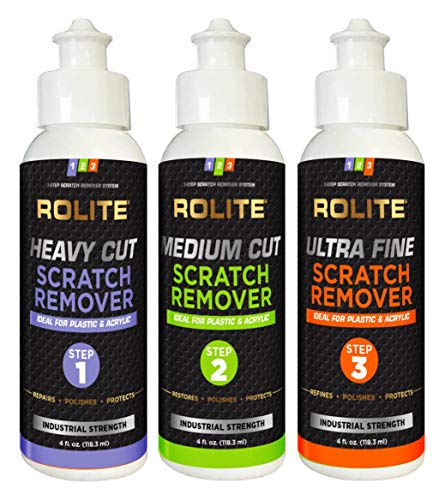 Rolite 3 Step Scratch Removal System for Clear Plastic and Acrylic Surfaces - Heavy Cut, Medium Cut and Ultra Fine Combo Set Removes Scratch and Swirl Marks, 3 - 4 Ounce Bottles