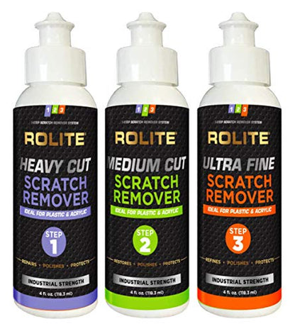 Rolite 3 Step Scratch Removal System for Clear Plastic and Acrylic Surfaces - Heavy Cut, Medium Cut and Ultra Fine Combo Set Removes Scratch and Swirl Marks, 3 - 4 Ounce Bottles