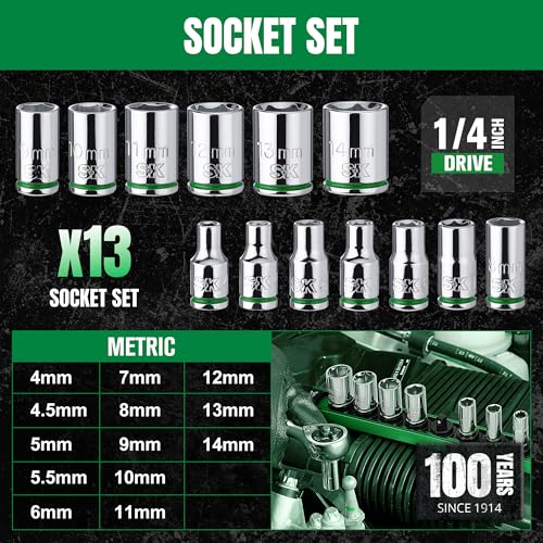 SK 1/4" Drive Socket Set, Metric Sockets, 13-Piece 4-14 mm | SuperKrome Finish, Premium CR-V Steel, with Aluminum Socket Organizer - size: 0.16 - 0.55 inch, style: Shallow
