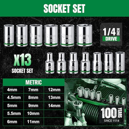 SK 1/4" Drive Socket Set, Metric Sockets, 13-Piece 4-14 mm | SuperKrome Finish, Premium CR-V Steel, with Aluminum Socket Organizer - size: 0.16 - 0.55 inch, style: Shallow