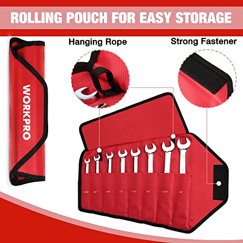 WORKPRO Ratcheting Combination Wrench Set, 8-piece Flex-Head Anti-Slip Set Metric 8-17 mm, 72-Teeth, Cr-V Constructed, Black Electrophoretic Coating with Rolling Pouch - size: SAE, style: Mirror Polished