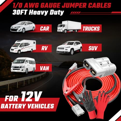 Jumper Cables, 30 feet 1 Gauge 1000Amp, Heavy Duty Booster Battery Cables with Permanent Installation kit and Quick Connect Plug for 12V & 24V Cars, SUV, Trucks, Diesel Trucks - size: 1 Gauge 30 Feet