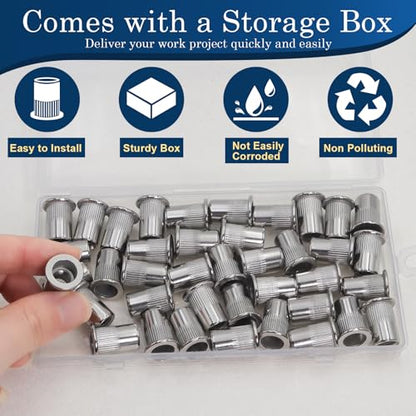 80Pcs M6 Rivet Nuts, 304 Stainless Steel Flat Head Rivnut Threaded Insert Nutsert - color: Silver, size: Metric M6 - 80 Pcs