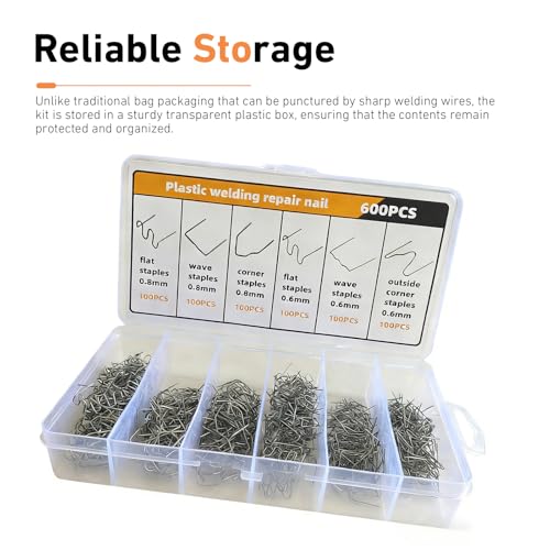 600 PCS Plastic Welding Kit with Storage Box, Hot Staples Bumper Welding Rods, 0.6mm 0.8mm Wave Shape Repair Kit, 6 Different Staple for Repair Car Bumper Dashboard (Black)