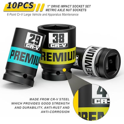 10 Piece 1" Drive Impact Socket Set, Metric Axle Nut Sockets, 21-41mm Thicker Jumbo Sockets, Socket Set, 6 Point, Cr-V, Vehicle and Apparatus Maintenance - size: 1" 10pcs Metric