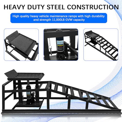 Hydraulic Car Ramps Heavy Duty 2 Pack, 11000LB/5-Ton Low Profile Auto Car Truck Service Ramps with Hydraulic Lift for Maintenance, Oil Change(Black)
