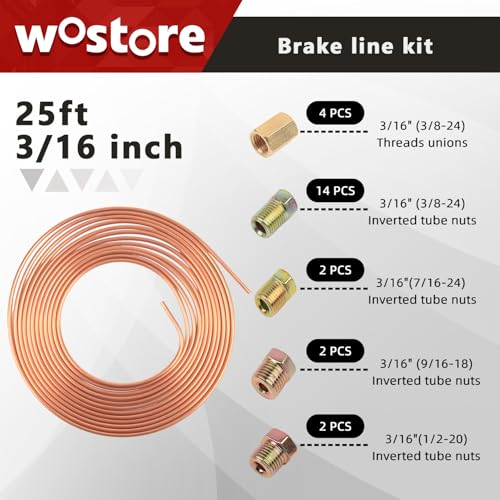 Wostore 25FT 3/16" Copper Coated Brake Line Kit & Flaring Tool, 24 Fittings | 24 brass fittings with double/single flaring tool. Copper-coated, rust-resistant. Works on cars, trucks & motorcycles. - size: Double flare kit with 3/16" Brake Line