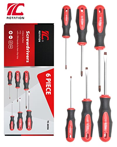 ROTATION 6PCS Magnetic Tip Screwdriver Set, 3 Phillips and 3 Flat, Red Tip | Red, Gloss, S2 Steel) - color: 3pc Phillips+3pc Flat