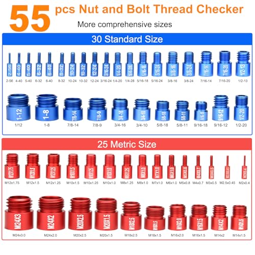 55 Pcs Nut and Bolt Thread Checker (25 Metric & 30 Standard), Bolts and Nut Identifier Thread Gauge, Detachable Bolt Size Finder Especially for Tight Spaces