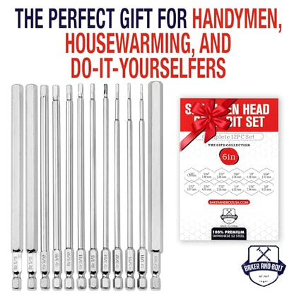 Baker and Bolt 12-Piece 6" Long Hex Head Allen Wrench Drill Bit Set – Impact Ready, S2 Steel, SAE, 1/4" Hex Bit Set with Storage Case - style: Long Allen
