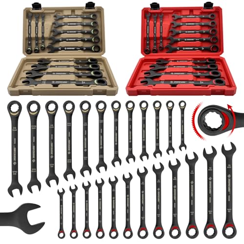 ironcube 24-Piece Ratcheting Wrench Set: Metric & SAE - 8mm to 19mm & 1/4" to 3/4" - 72 tooth - Chrome Vanadium Steel - Tough Balck - with Organizer - size: 24 Piece SAE&METRIC