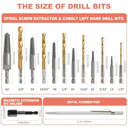 REBRA Screw Extractor and Left-Hand Drill Bit Set, Easy Out Broken Bolt Remover Reverse Cobalt HSS Steel Drill Kit, Ez Out Stripped, Rounded-Off, Damaged Bolts, Screws&Studs Removal Tool (14-Pieces) - style: 14-Pieces