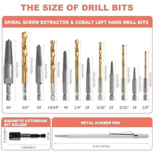 REBRA Screw Extractor and Left-Hand Drill Bit Set, Easy Out Broken Bolt Remover Reverse Cobalt HSS Steel Drill Kit, Ez Out Stripped, Rounded-Off, Damaged Bolts, Screws&Studs Removal Tool (14-Pieces) - style: 14-Pieces