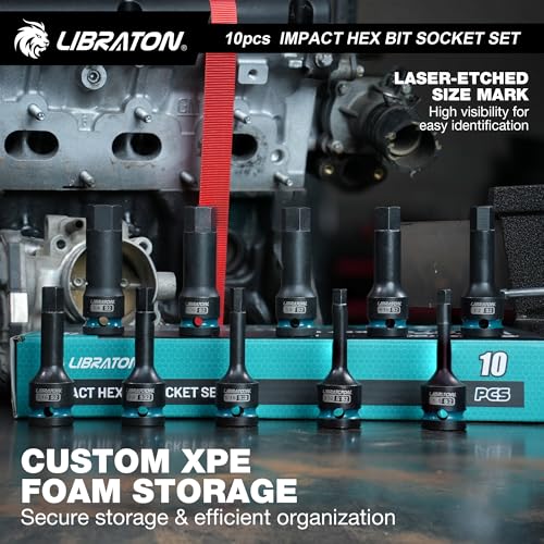 LIBRATON Impact Hex Bit Socket Set, 1/2" Dr, S2 Steel, High Torque Sockets | 10PCS (SAE 1/4"-3/4") for Professional Mechanics & Automotive Repair (XPE Storage Case) - style: SAE