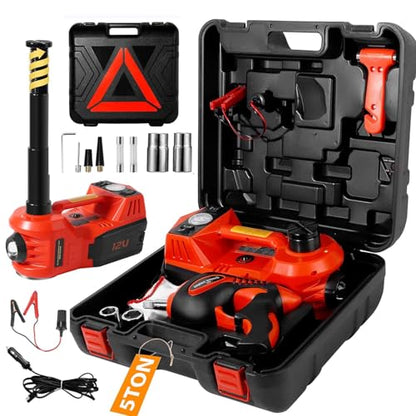 Electric Car Jack Kit 5 Ton 12V Floor Jack with Impact Wrench and Tire Inflator Pump Portable Hydraulic Car Jack for SUV Sedans Tire Change with LED Light, Lifting Height 6 to 17.7 Inch