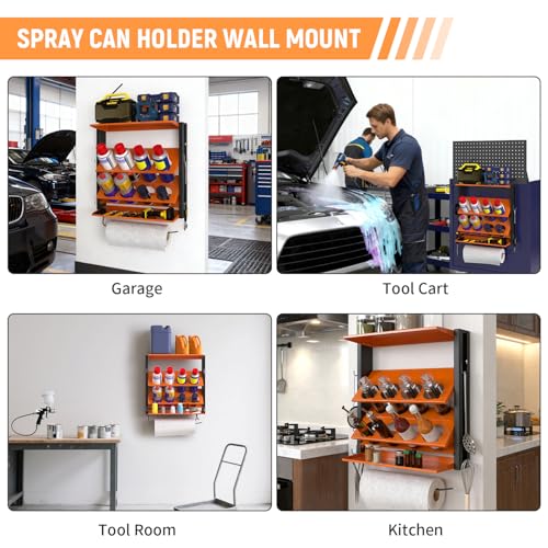 Spray Bottle Holder Wall-Mounted, Aerosol Spray Can Holder, Heavy Duty Paint Bottle Organizer with 8 Can Holes 80 LBS, Utility Storage Rack With Paper Towel Holder for Garage, Shop or Tool Trailer - style: B-Spray Can Rack