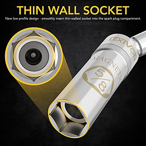 LEXIVON 5/8" Swivel Magnetic Spark Plug Socket, 3/8" Drive x 6" Total Length Cr-v Steel + 3/8-Inch Drive Click Torque Wrench 10~80 Ft-Lb/13.6~108.5 Nm