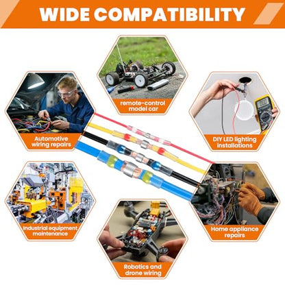 200PCS Solder Seal Wire Connectors Kit - Heat Shrink Butt Splice with Pre-Installed Solder Rings, 26-10AWG, Waterproof, for Marine/Auto/Industrial/Home/RC Car/DIY Wiring