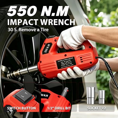 6T Electric Car Jack, 12V Portable Hydraulic Jack with Built-in Inflatable Pump, 550N·m Impact Wrench & LED Light, Lifting Height 6.1-17.7 Inch for SUV/Sedan/Truck/MPV Tire Change & Garage Repair