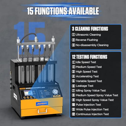 AUTOOL Fuel Injector Cleaner and Tester Machine, Ultrasonic Fuel Injection Cleaner 6 Cylinder for GDI, EFI, FSI, 12V/70V/120V, Color Display, 67.63oz Cleaning Tank, 3 Cleaning Functions 12 Test Modes