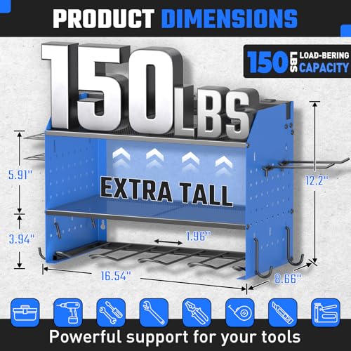 ZESEN Power Tool Organizer with Charging Station, Heavy Duty 4 Layer Drill Holder Wall Mount Garage Shelf Rack with 6 Outlet Power Strip, Tool Shelf with Hooks, Drill Bit Rack for Garage, Blue - color: Blue