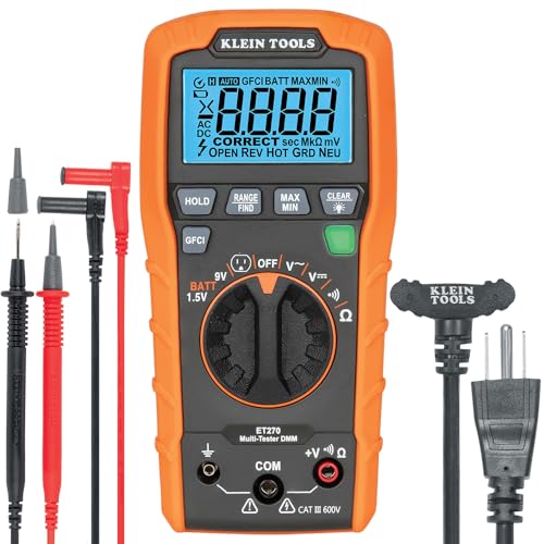Klein Tools ET270 Auto-Ranging Digital Multi-Tester, AC/DC, Resistance, Continuity, GFCI Receptacle Tester with Test Leads and Receptacle Cord - size: GFCI Receptacle Tester