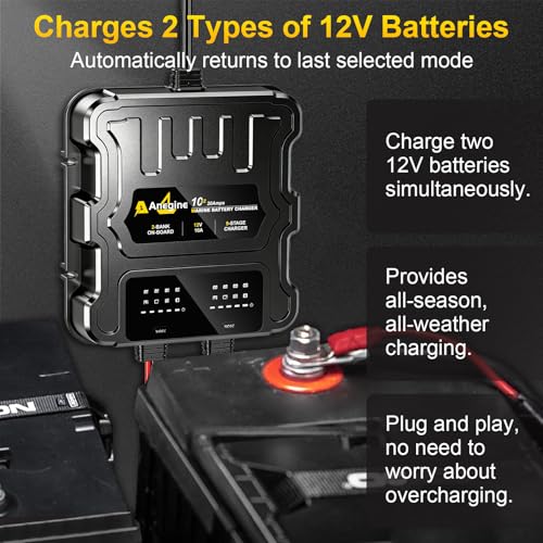 2 Bank Marine Battery Charger, 20A (10A/Bank) 12V IP68 Waterproof LCD Onboard Battery Charger with Overcharge Protection, Battery Maintainer for Lead-Acid, AGM, Gel, LiFePO4, Lithium, Boat, Car, RV