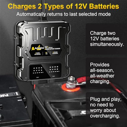 2 Bank Marine Battery Charger, 20A (10A/Bank) 12V IP68 Waterproof LCD Onboard Battery Charger with Overcharge Protection, Battery Maintainer for Lead-Acid, AGM, Gel, LiFePO4, Lithium, Boat, Car, RV