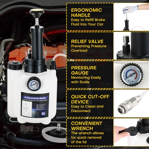 3L Brake Bleeder Kit with 1L Collection Bottle&4 Reservoir Adapters | Manual Brake Bleeder, Brake Pressure Bleeder Kit, One-Person Brake Lluid Bleeder Kit for Brake and Clutch Systems
