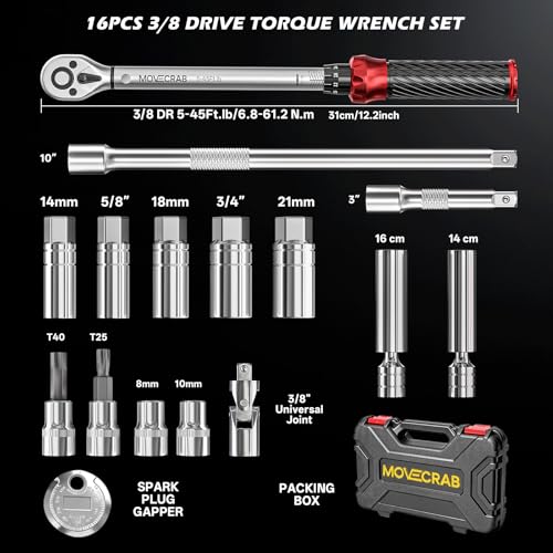 16pcs 3/8" Click Torque Wrench Spark Plug Socket Set, 5-45 Ft.lb | Mechanical Torque Wrench with Magnetic Swivel Spark Plug Sockets, Extension Bars & Gap Gauge for Auto & Motorcycle Repair - size: 16pcs spark plug torque wrench