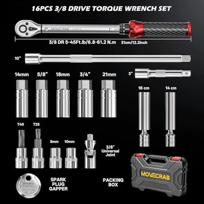 16pcs 3/8" Click Torque Wrench Spark Plug Socket Set, 5-45 Ft.lb | Mechanical Torque Wrench with Magnetic Swivel Spark Plug Sockets, Extension Bars & Gap Gauge for Auto & Motorcycle Repair - size: 16pcs spark plug torque wrench