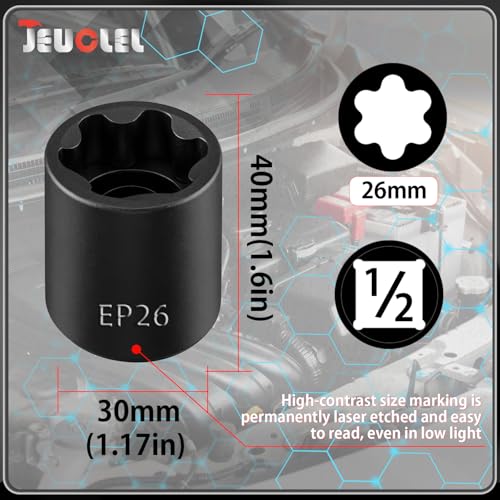 EP Socket EP26, 6 Point 1/2” Dr Female External E-Torx Plus Socket | EP Socket, Female External, E-Torx Plus Socket, External, Cr-V Steel, High Deformation Prevention - size: EP26