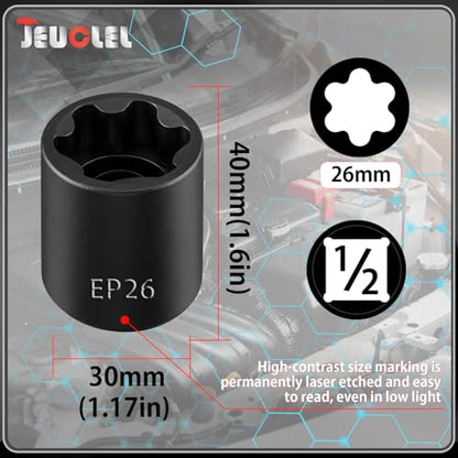 EP Socket EP26, 6 Point 1/2” Dr Female External E-Torx Plus Socket | EP Socket, Female External, E-Torx Plus Socket, External, Cr-V Steel, High Deformation Prevention - size: EP26
