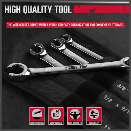 4-Piece Flare Nut Wrench Set - SAE Brake Line Wrench 1/4, 5/16, 3/8, 7/16, 1/2, 9/16, 5/8, 11/16-inch, Professional Offset Heads, Portable Organizer Pouch Included - style: 4-Pc SAE (Flare Nut)