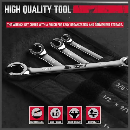 4-Piece Flare Nut Wrench Set - SAE Brake Line Wrench 1/4, 5/16, 3/8, 7/16, 1/2, 9/16, 5/8, 11/16-inch, Professional Offset Heads, Portable Organizer Pouch Included - style: 4-Pc SAE (Flare Nut)