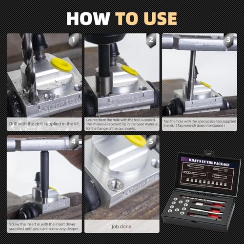 M5X0.8X7.6MM Thread Repair Kit with Insert HSS Drill, Tap, Counterbore, Installation Driver, Metric, 10PCS Stainless Steel Insert M5X0.8X7.6MM