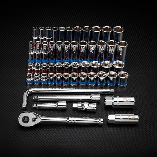 NEIKO 02512A 3/8” Drive Socket Set with Quick Release Ratchet (90 Tooth), 43 Piece Standard and Deep Metric Sizes, 6mm to 24mm, 6 Point, Universal Joint, 3/8” Extension Bars, Made with CR-V Steel - size: 3/8" Drive, style: Metric