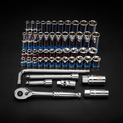 NEIKO 02512A 3/8” Drive Socket Set with Quick Release Ratchet (90 Tooth), 43 Piece Standard and Deep Metric Sizes, 6mm to 24mm, 6 Point, Universal Joint, 3/8” Extension Bars, Made with CR-V Steel - size: 3/8" Drive, style: Metric